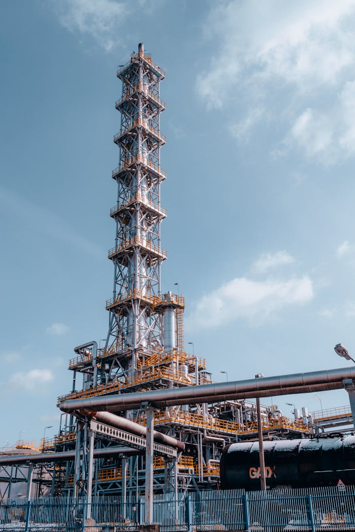 Oil refinery tower against a blue sky in Trzebinia, Poland, showcasing industrial architecture.