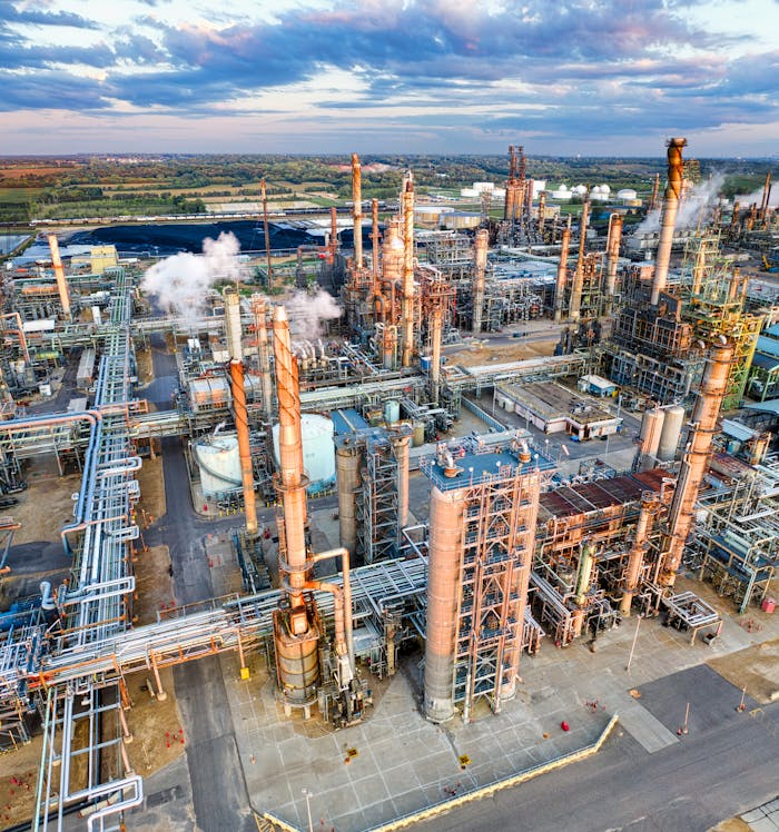 Stunning aerial shot of a large oil refinery in Rosemount, MN during sunset, showcasing industrial complexity.